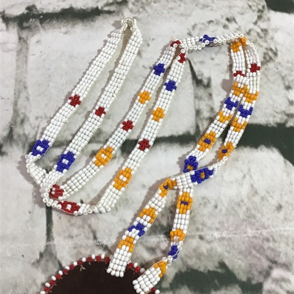 Beaded Necklace Long Drop Handmade Southwest Themed Round Beaded Pendant VTG - Picture 4 of 5